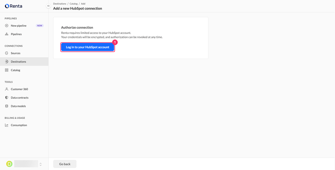 Authorize connection page with the Log in to your HubSpot account button