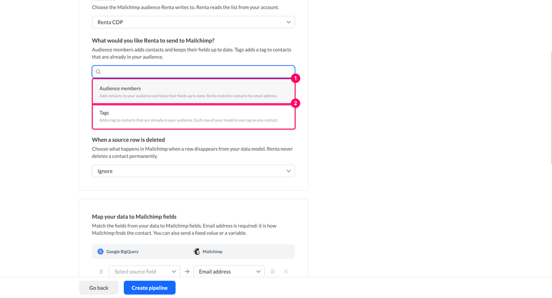 What would you like Renta to send to Mailchimp dropdown with the Audience members and Tags options