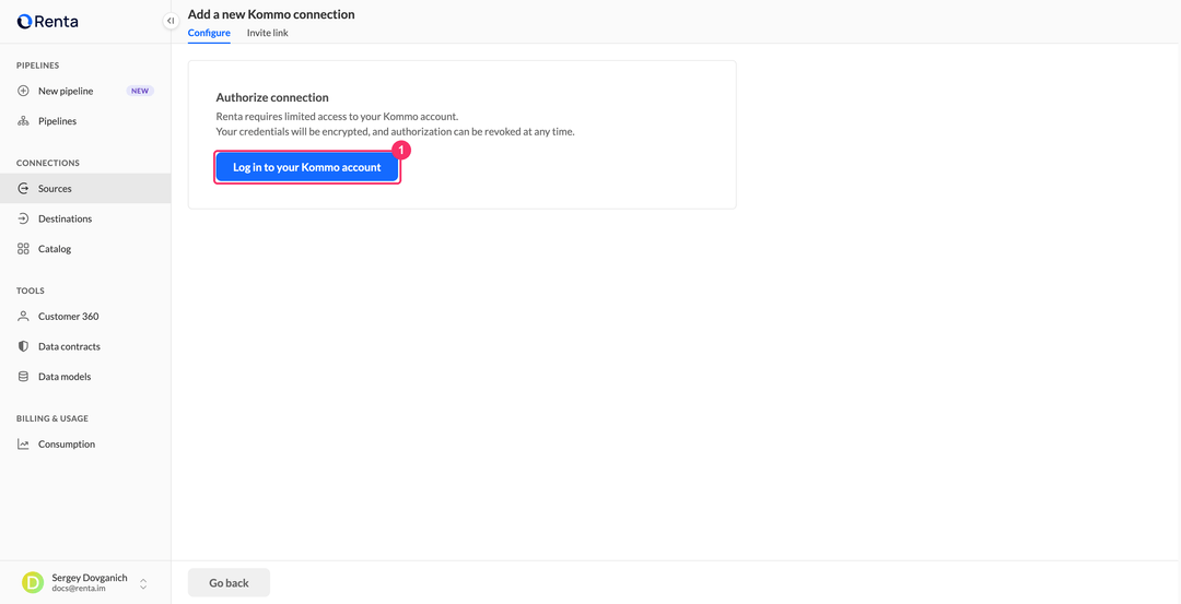 Add a new Kommo connection page with the Log in to your Kommo account button