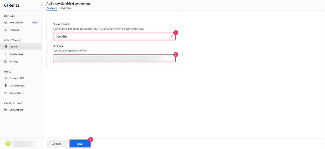 SendGrid connection form with the source name and the API key filled in and the Save button below