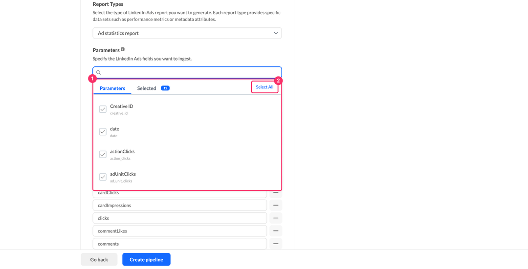 Список параметров LinkedIn Ads с вкладками Parameters и Selected и кнопкой Select All