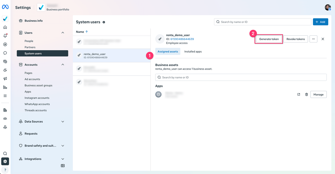 System user profile with the Generate token button