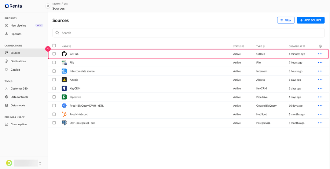 Список источников с новым источником GitHub в статусе Active