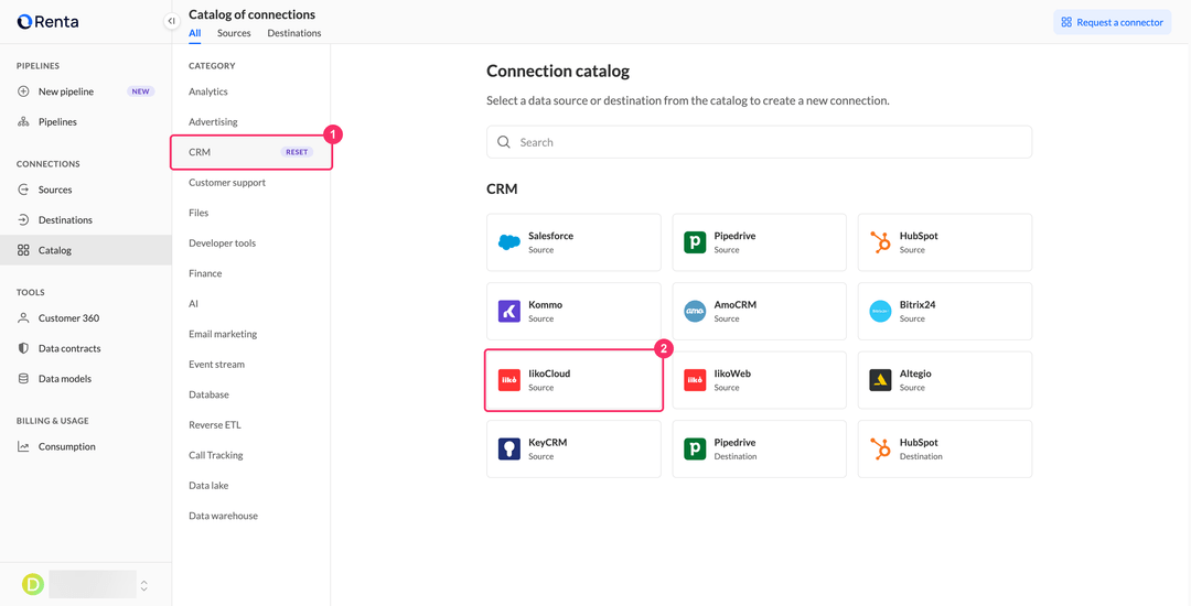 IikoCloud card in the CRM category of the Renta connection catalog