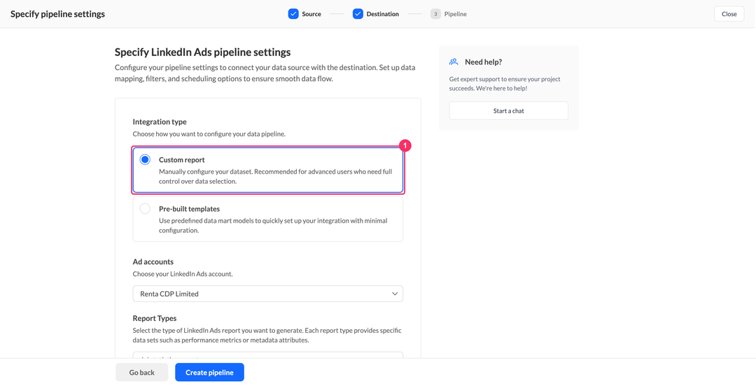 Выбор типа интеграции LinkedIn Ads: Custom report и Pre-built templates