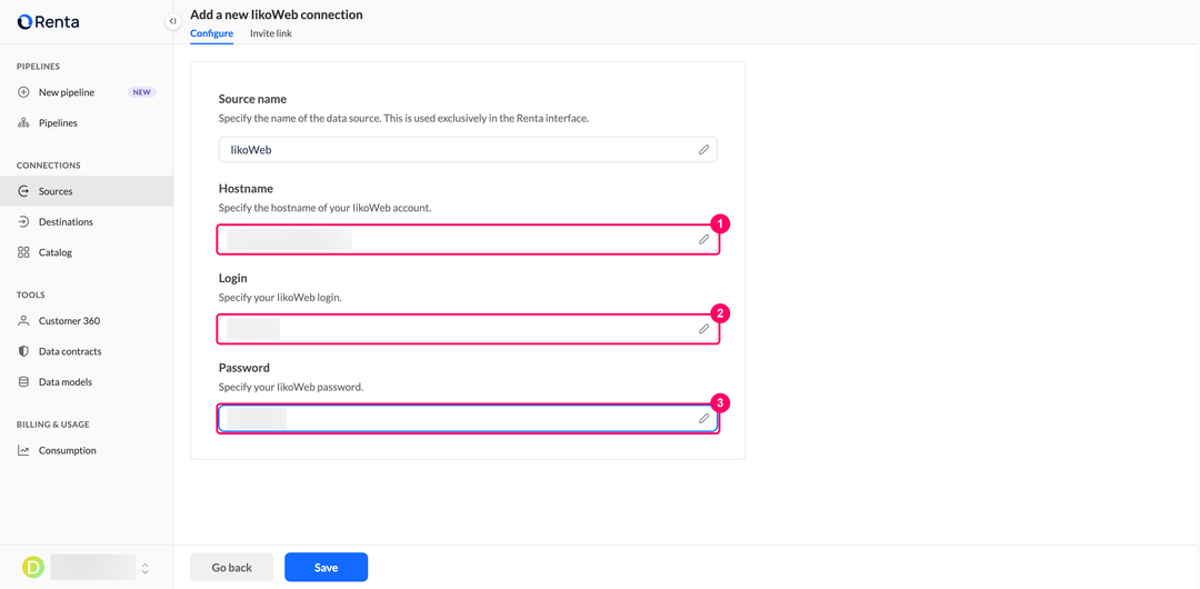 Поля Hostname, Login и Password на странице подключения IikoWeb