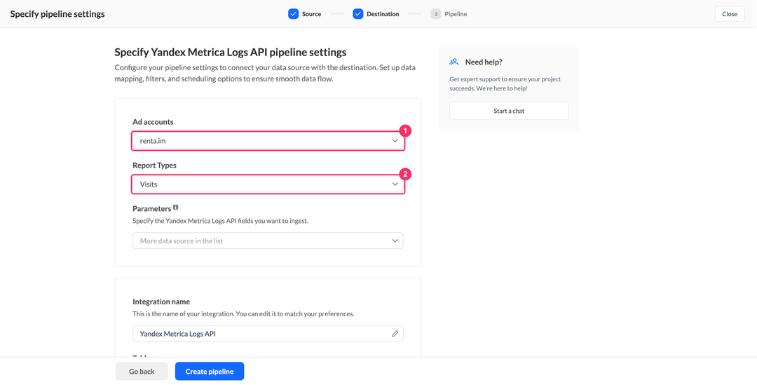Выбор счётчика и типа отчёта Yandex Metrica Logs API
