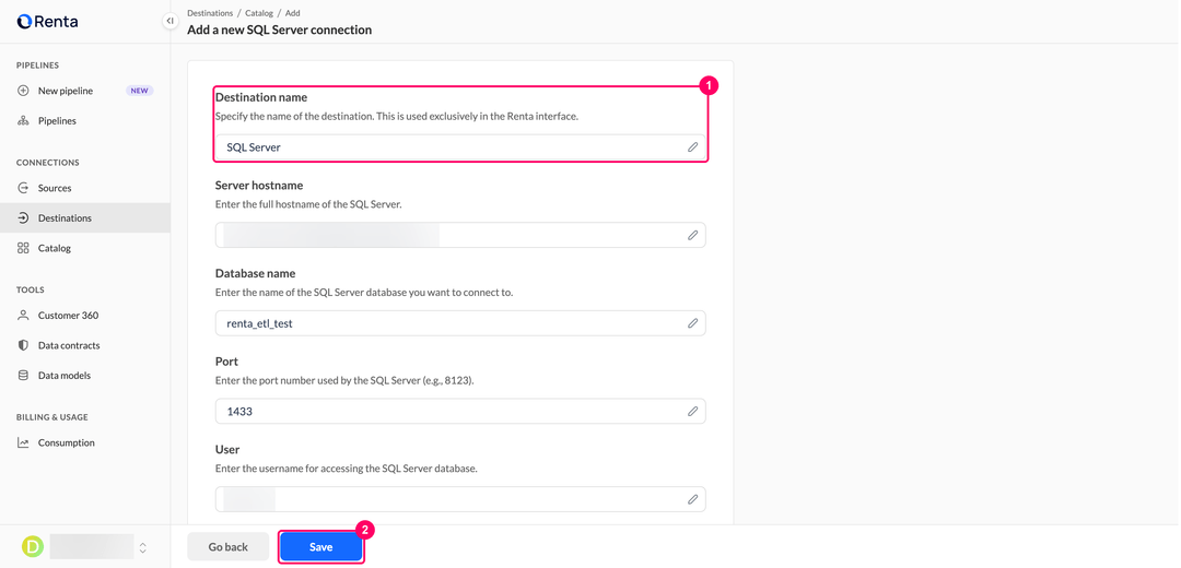 Поле Destination name и кнопка Save на форме подключения SQL Server