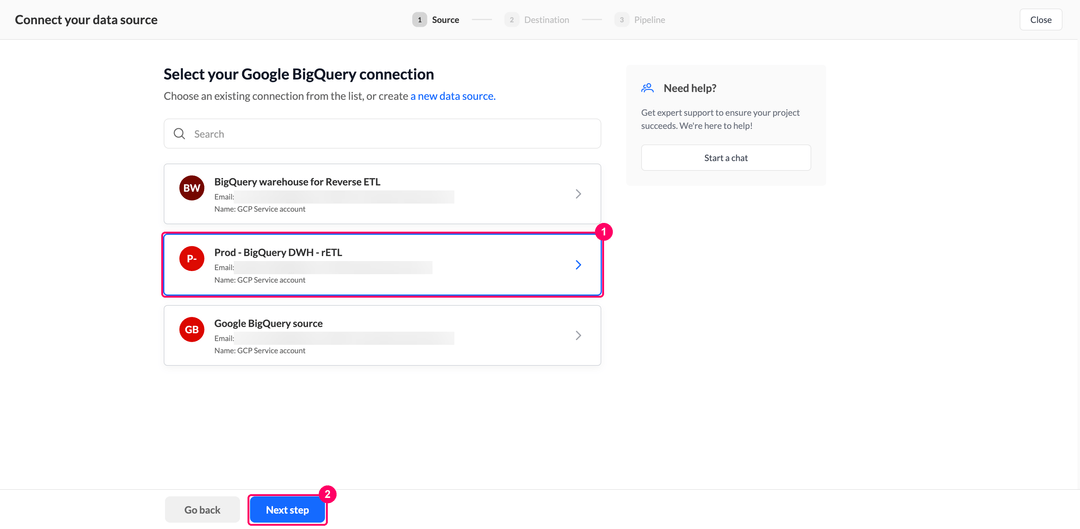 Select your Google BigQuery connection step with the warehouse connections listed