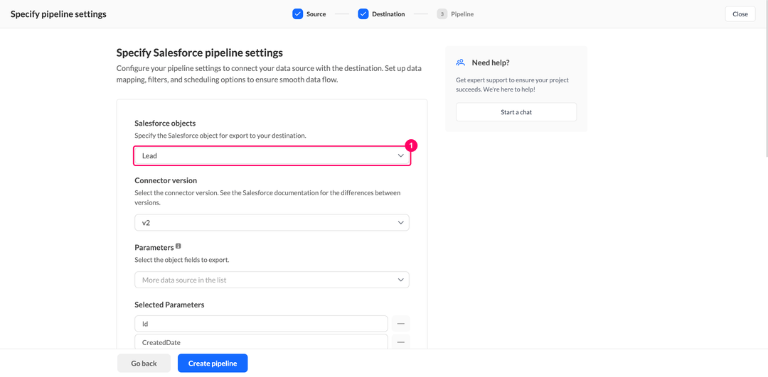 Список Salesforce objects в настройках пайплайна с выбранным объектом Lead