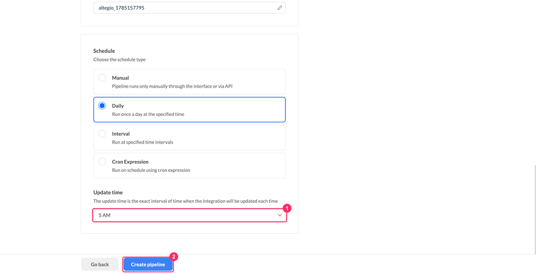 Update time selection and the Create pipeline button