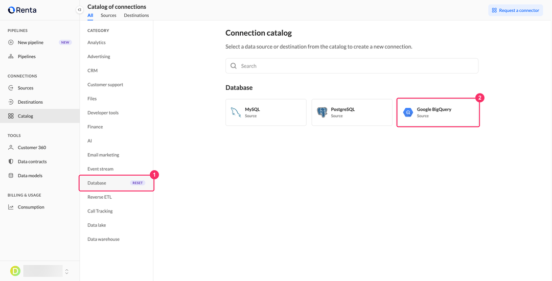 Google BigQuery Source card in the Database category of the Renta connection catalog