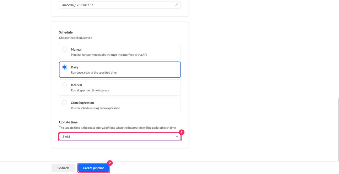 Выбор времени обновления и кнопка Create pipeline