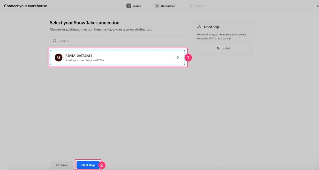 Choosing the specific Snowflake destination for the pipeline