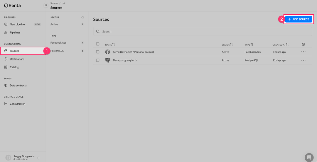 Раздел Sources с кнопкой ADD SOURCE
