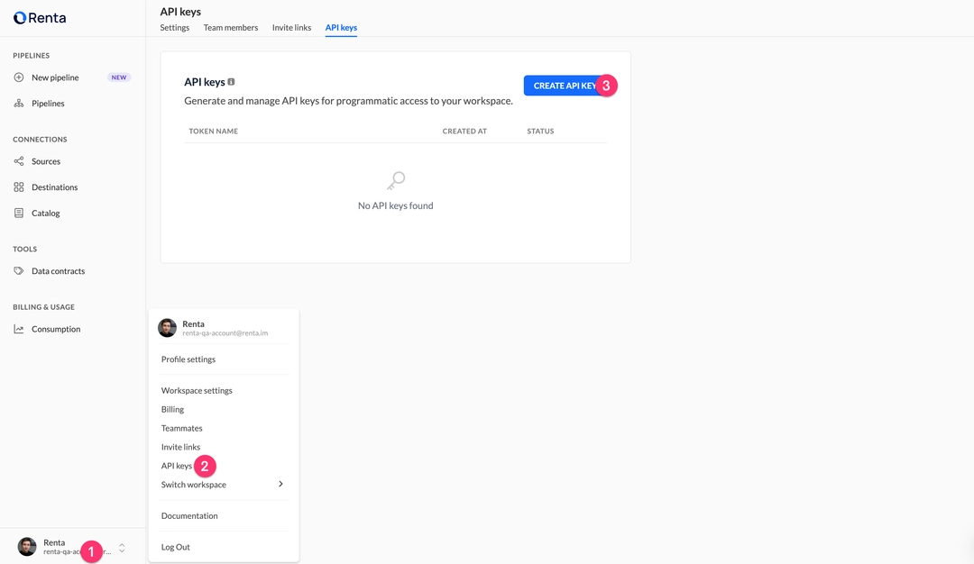 API key selection menu