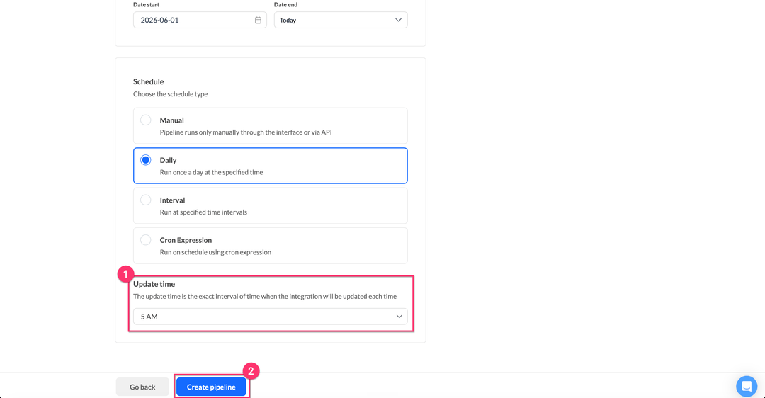 HubSpot schedule type and update time with the Create pipeline button