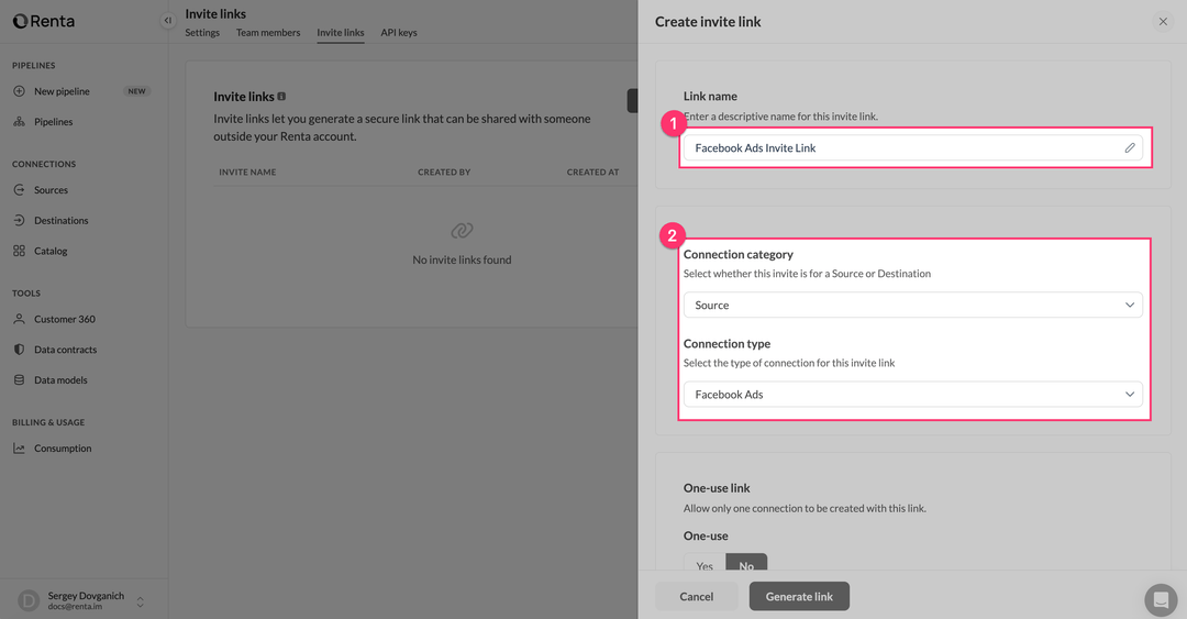 Форма создания invite link с полями Link name, Connection category и Connection type
