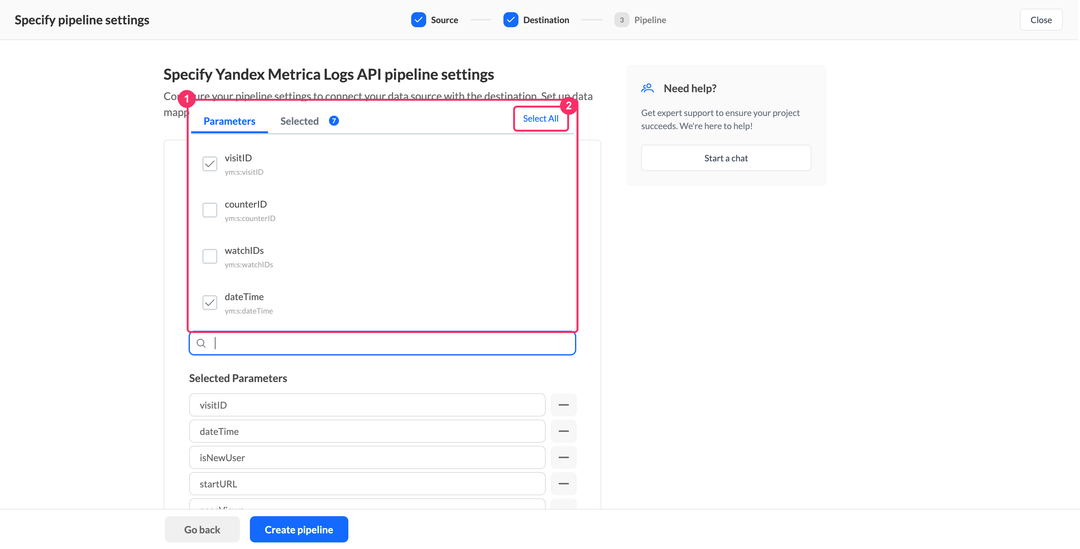 Выбор параметров Yandex Metrica Logs API с кнопкой Select All