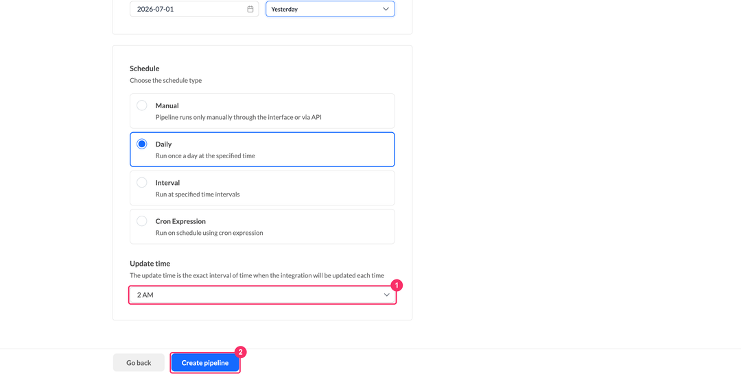 Выбор времени обновления AppMetrica Logs API и кнопка Create pipeline