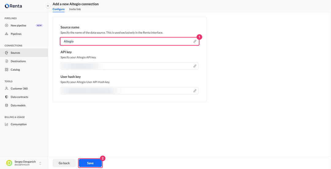 Altegio connection setup with the source name field filled in and the Save button