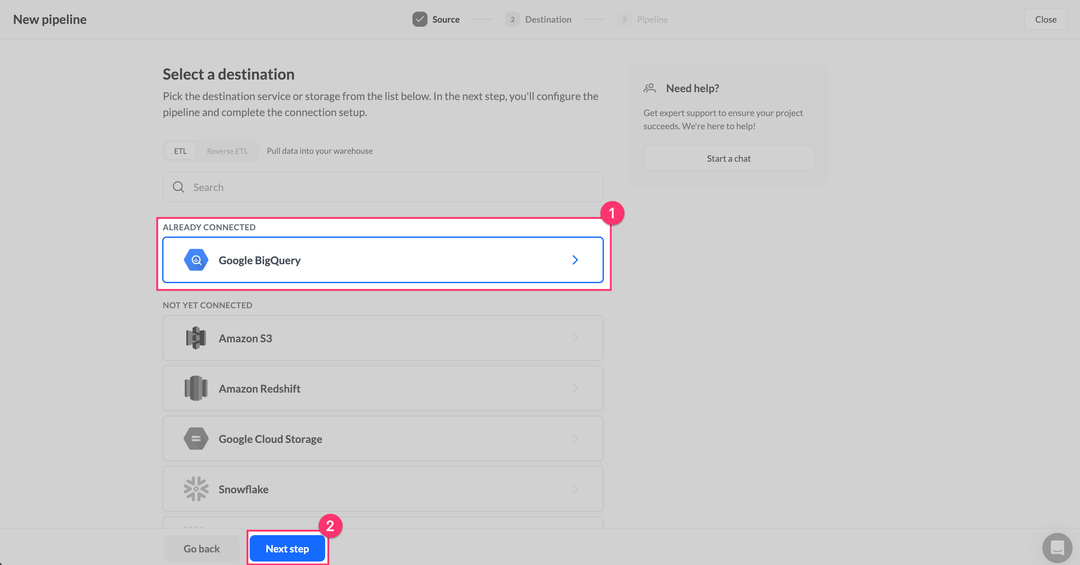 Select a destination step with Google BigQuery