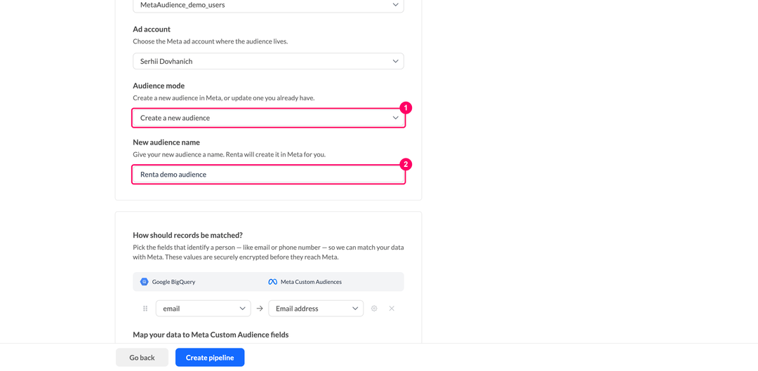 Audience mode dropdown and the new audience name field