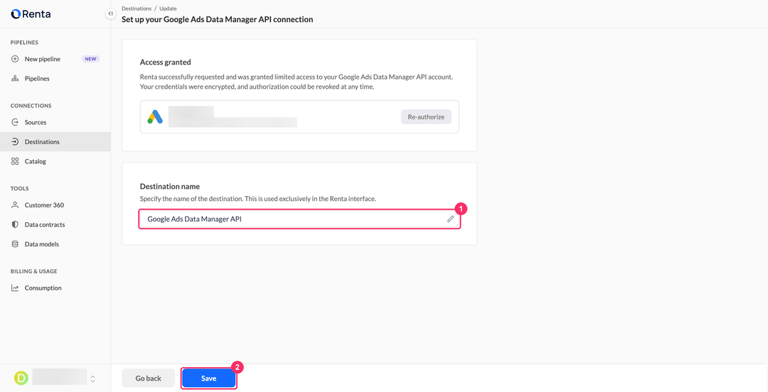 Страница настройки подключения Google Ads Data Manager API с полем имени назначения