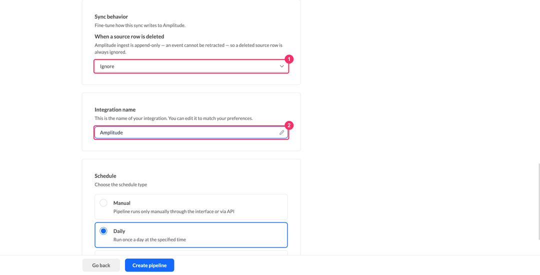 Sync behavior section with the deleted rows policy and the integration name field