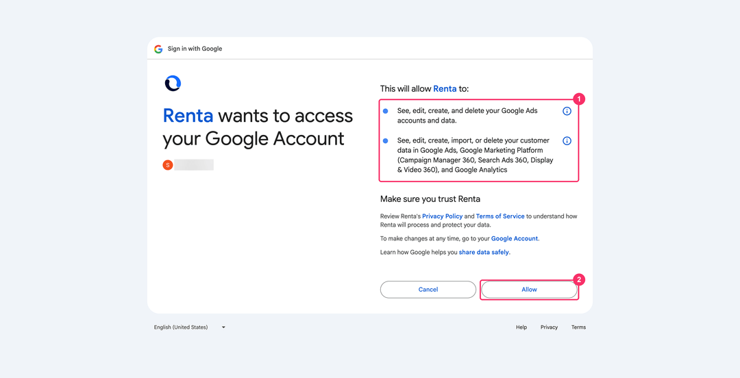 Экран согласия Google с двумя запрашиваемыми разрешениями и кнопкой Allow