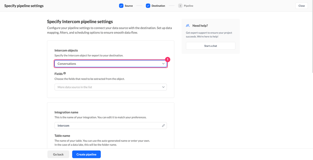 Intercom pipeline settings with the Intercom objects dropdown set to Conversations