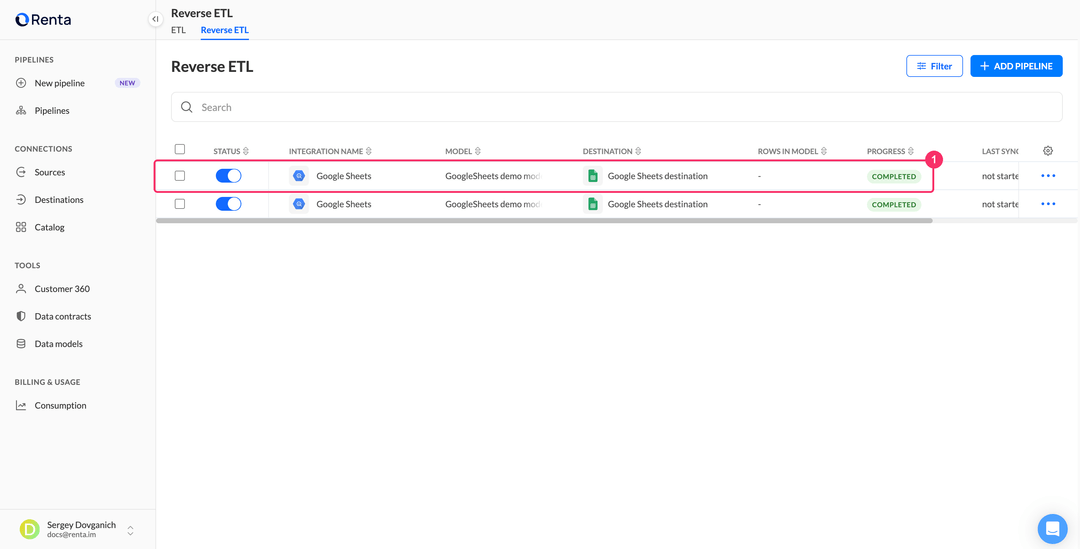 Список Reverse ETL пайплайнов с новой интеграцией Google Sheets