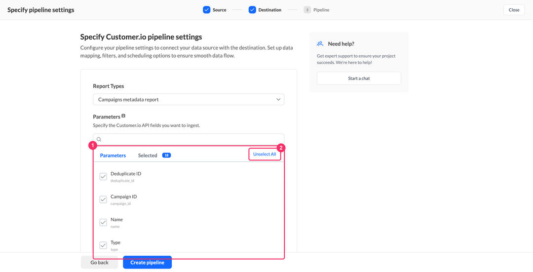 Customer.io parameters picker with the Parameters and Selected tabs and the Unselect All button