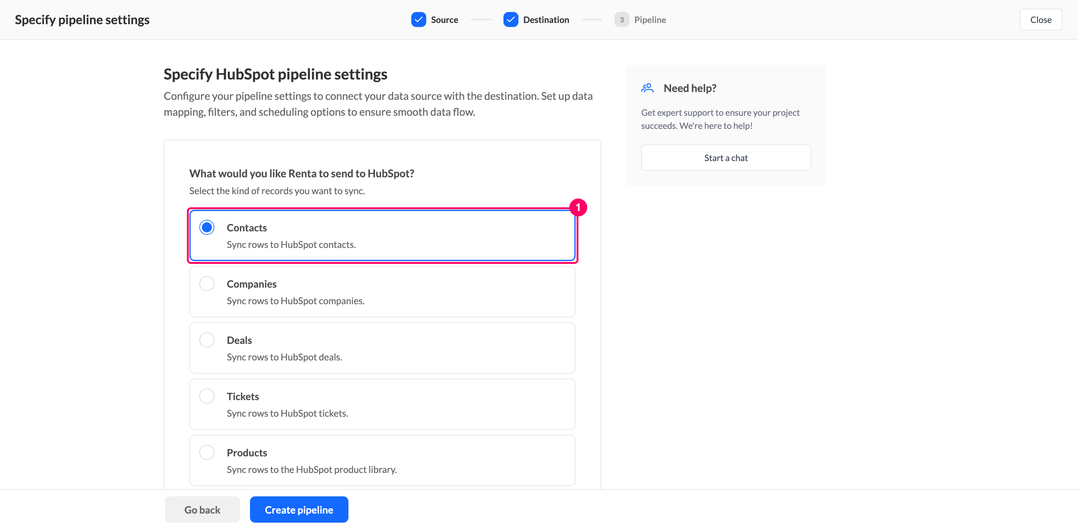Object type selection in the HubSpot pipeline settings with Contacts selected