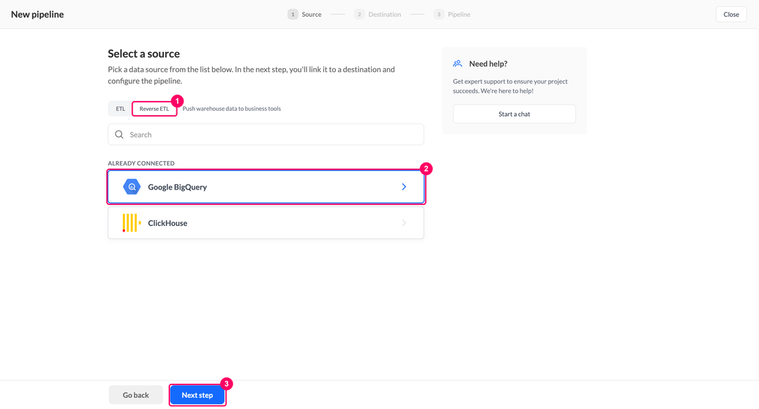 Select a source step with the Reverse ETL toggle and the Google BigQuery card