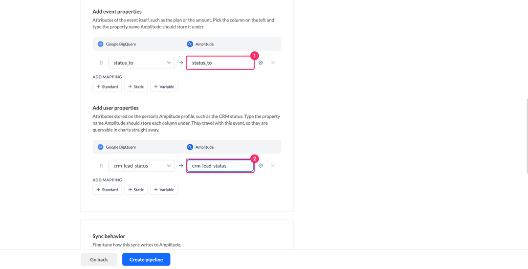 Event properties and user properties blocks with free-text destination fields