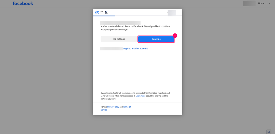 Meta login dialog with the Edit settings and Continue buttons