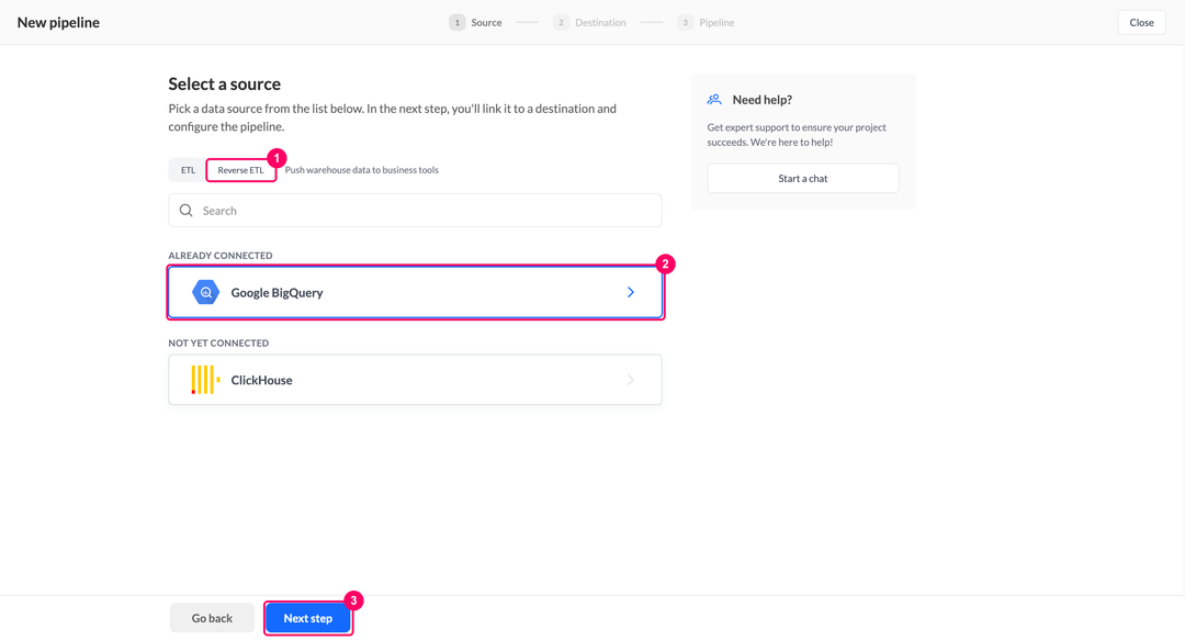 Шаг выбора источника с переключателем Reverse ETL и карточкой Google BigQuery