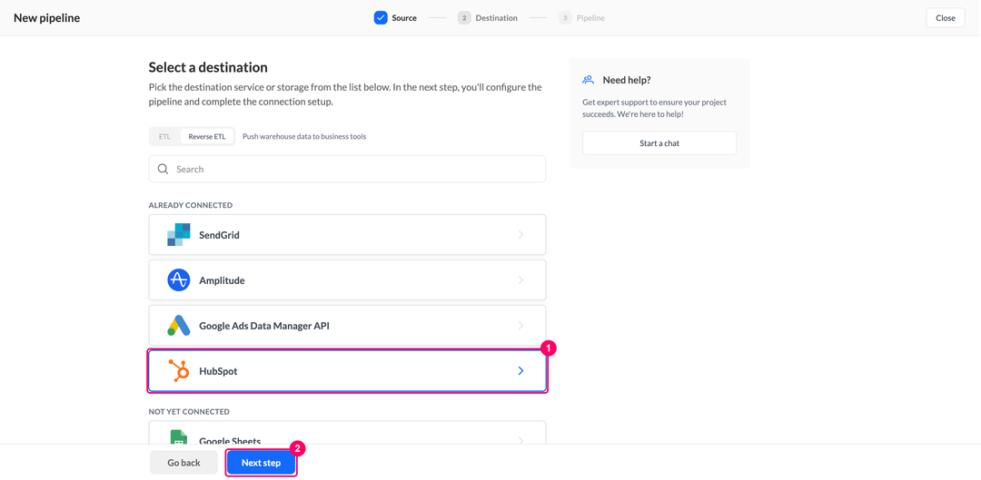 Select a destination step with HubSpot listed under Already connected