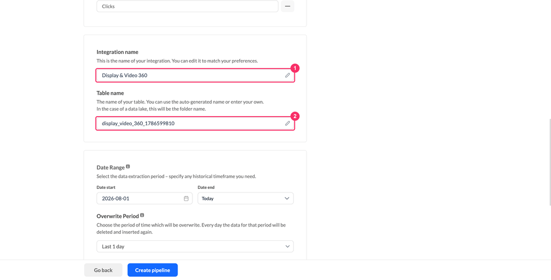 Integration name and Table name fields in the pipeline settings