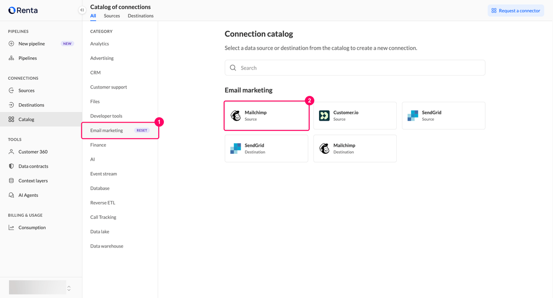 Mailchimp Source card in the Email marketing category of the Renta connection catalog