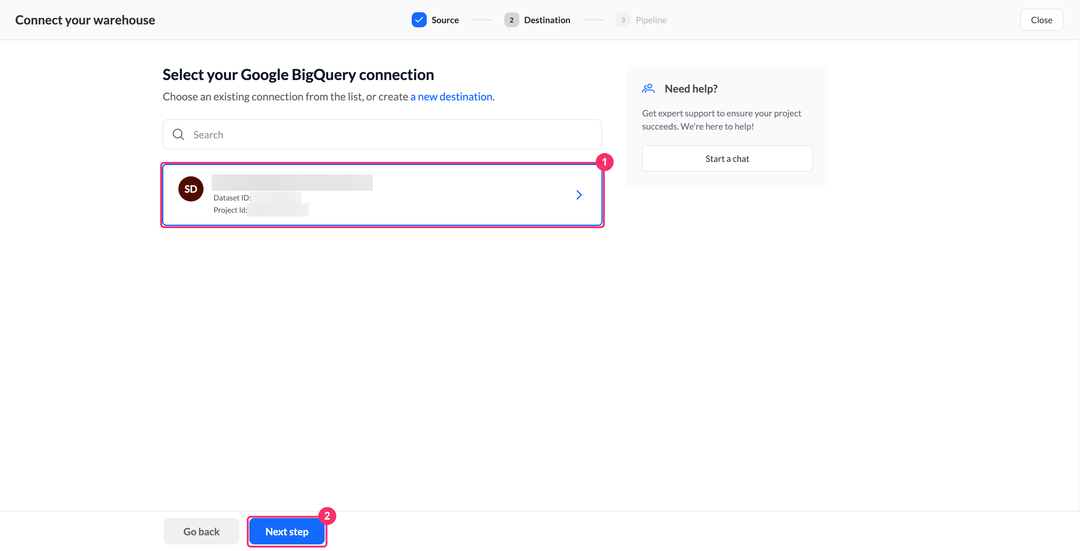 Шаг выбора подключения Google BigQuery