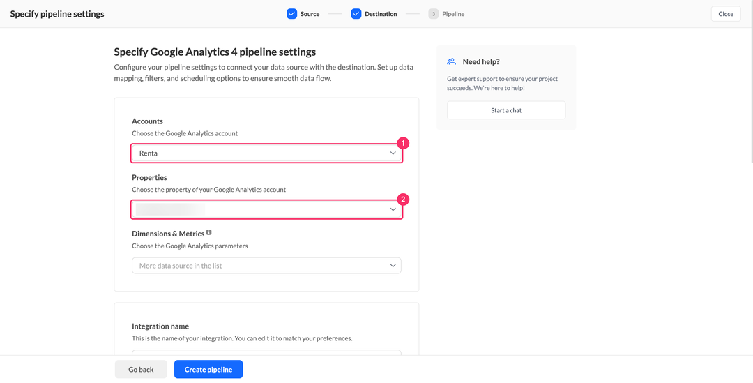 Выбор аккаунта и ресурса Google Analytics 4