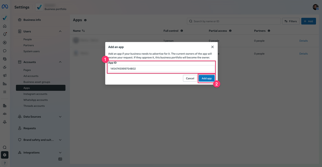 Add an app dialog with the App ID field