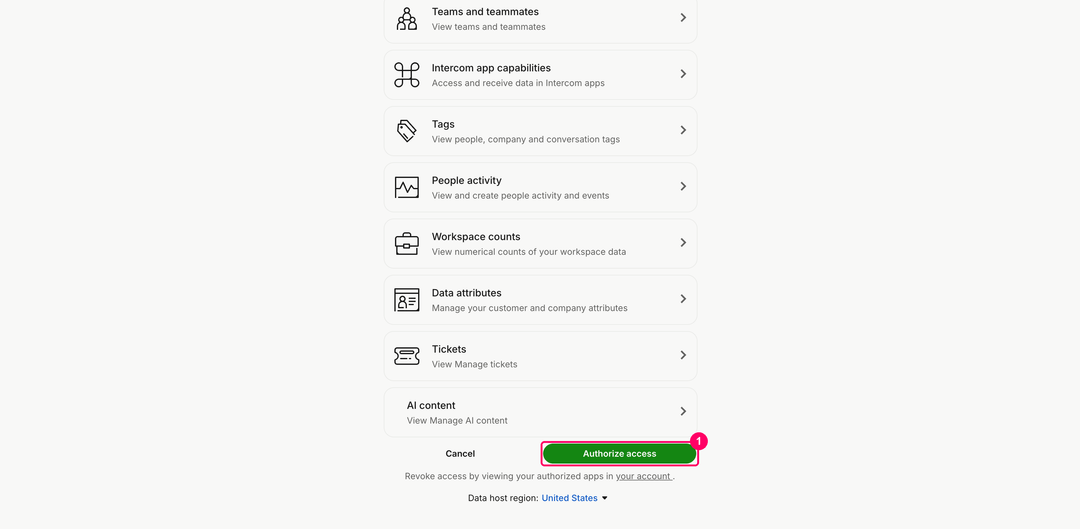 Экран согласия Intercom со списком прав, регионом хранения данных и кнопкой Authorize access