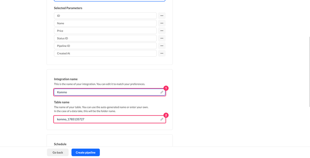 Kommo integration name and table name fields with the selected parameters list above