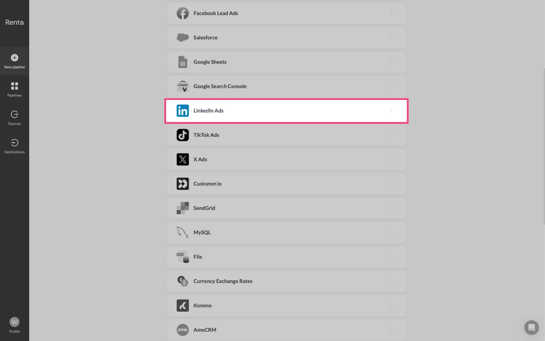 Select LinkedIn Ads as source type
