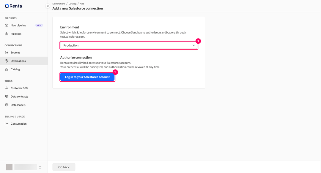 Страница добавления подключения Salesforce со списком Environment и кнопкой Log in to your Salesforce account