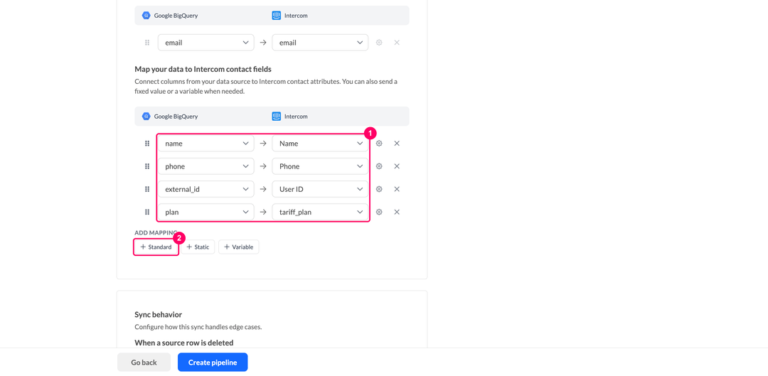 Сопоставление колонок модели данных с атрибутами контакта Intercom