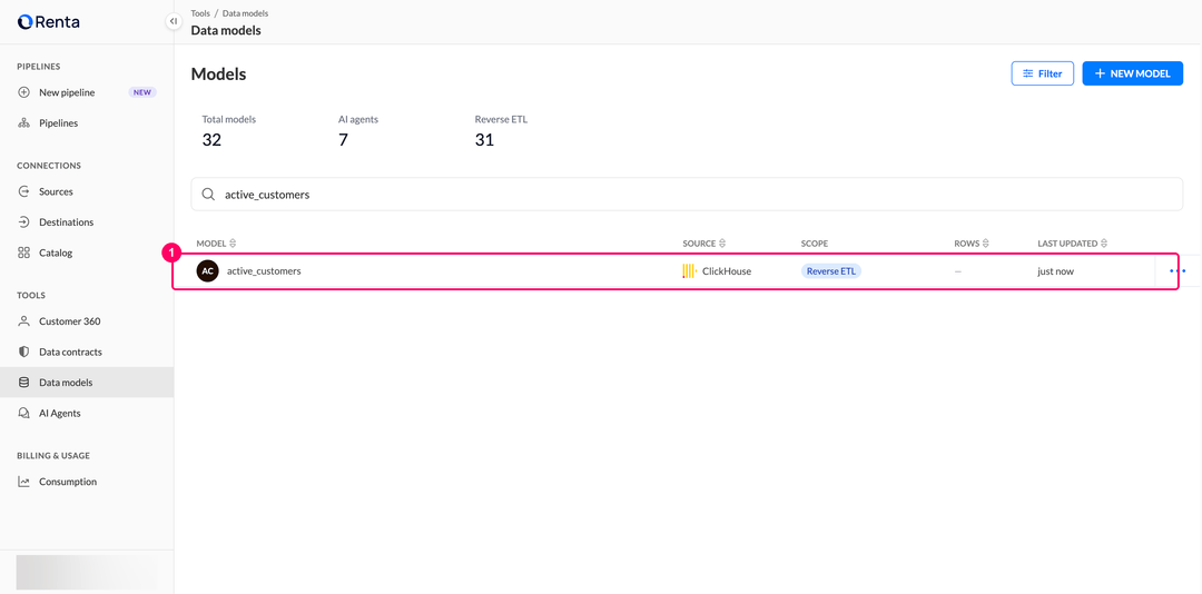 Список моделей, отфильтрованный до новой модели с источником ClickHouse и бейджем scope Reverse ETL